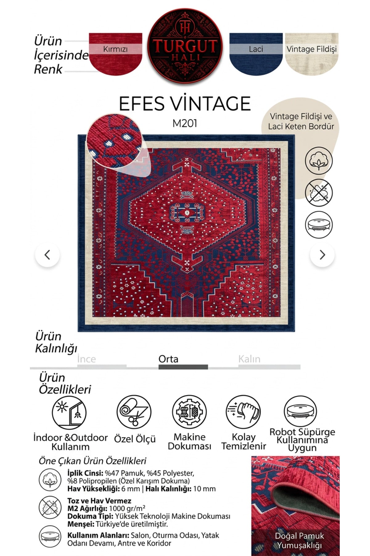 Semerkand Serisi Bordo Retro Pamuklu Halı