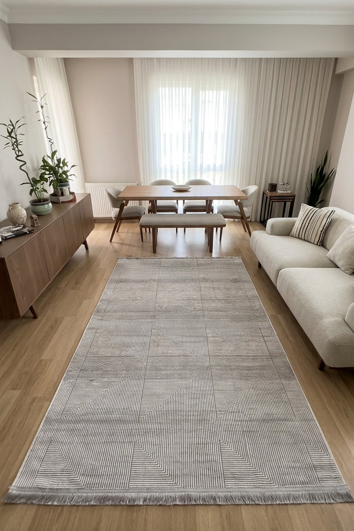 İnce Bambu Serisi Gri Geometrik Desenli Halı