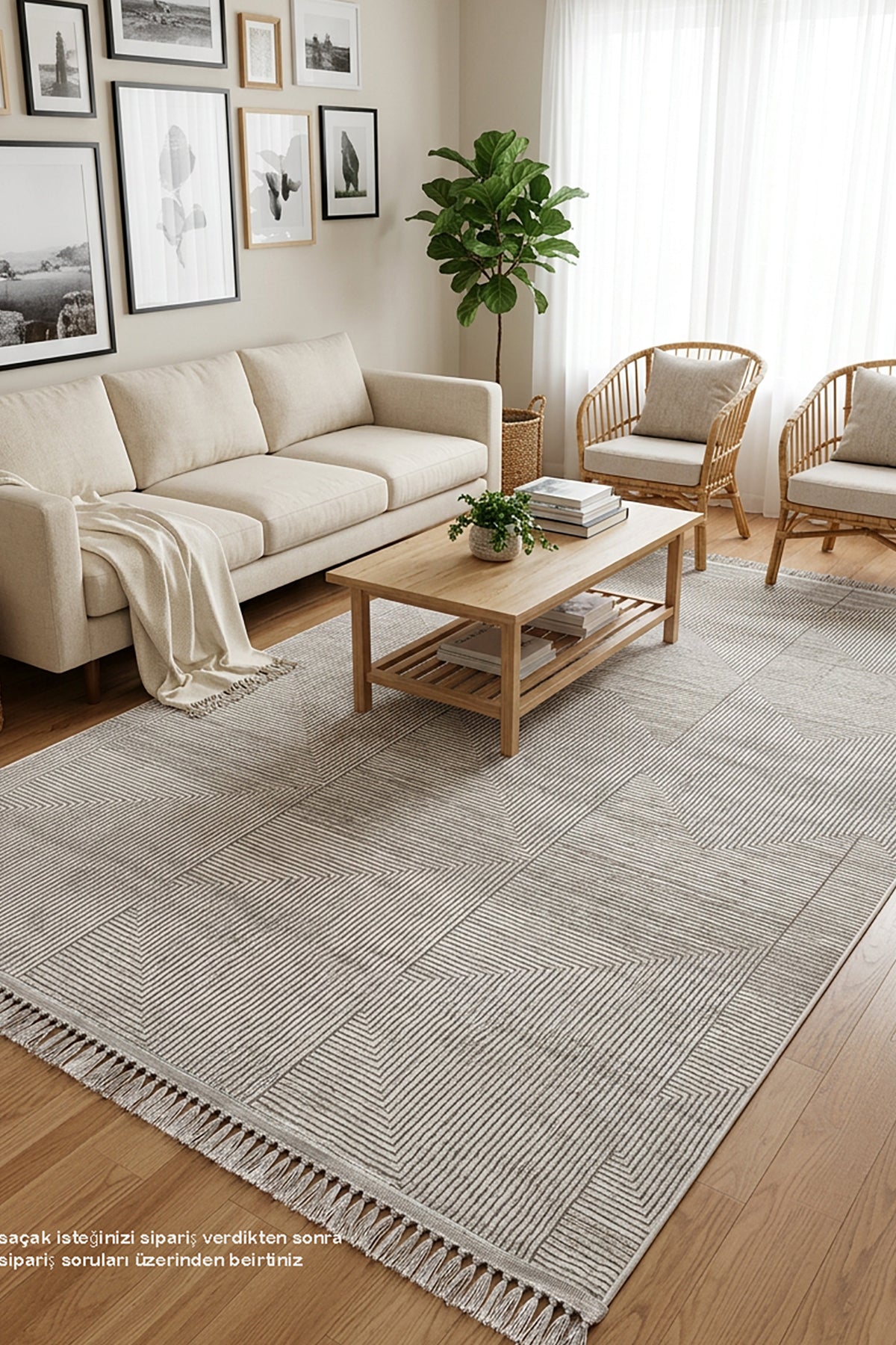 İnce Bambu Serisi Gri Geometrik Desenli Halı