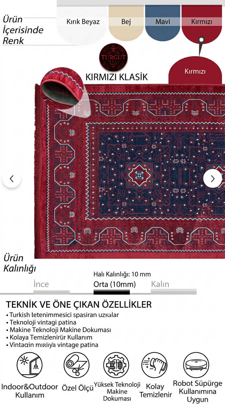 turgut Semerkand Serisi Kırmızı Retro Desenli Pamuklu Oda Salon Halısı