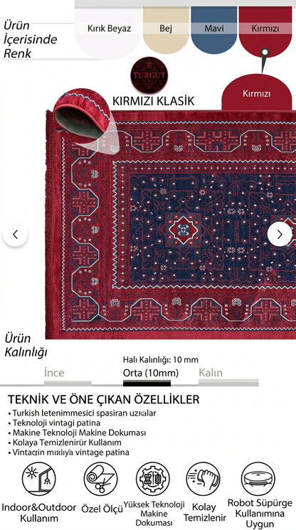 turgut Semerkand Serisi Kırmızı Retro Desenli Pamuklu Oda Salon Halısı