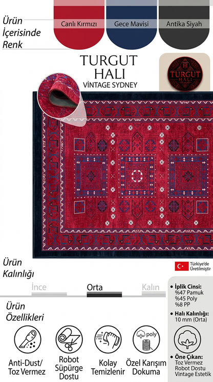 Semerkand Serisi Bordo Kırmızı Etnik Desenli Pamuk Salon Halısı