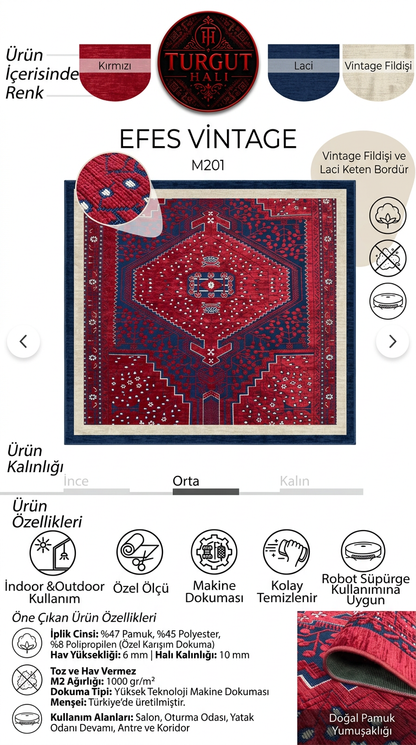 Semerkand Serisi Kırmızı Retro Desenli Pamuklu Oda Salon Halısı