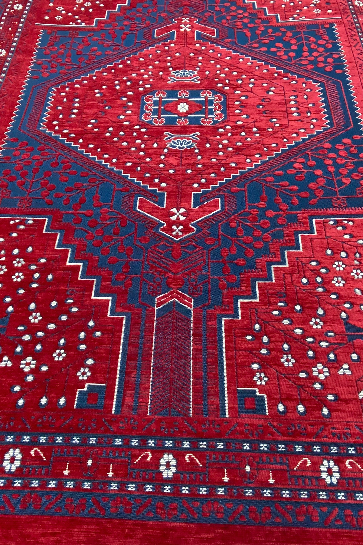 Semerkand Serisi Kırmızı Retro Desenli Pamuklu Oda Salon Halısı