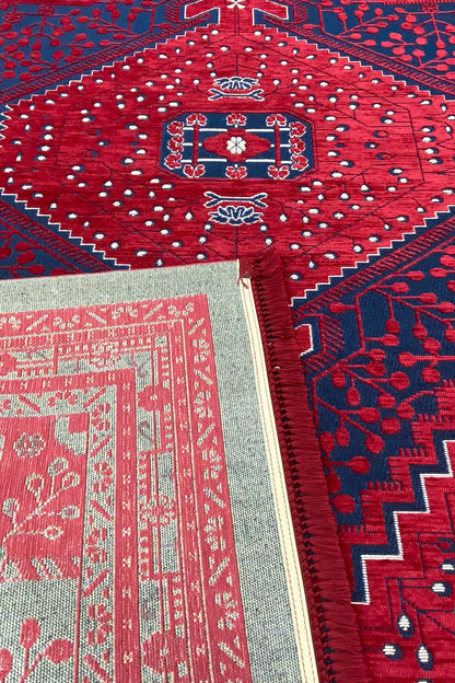 Semerkand Serisi Kırmızı Retro Desenli Pamuklu Oda Salon Halısı